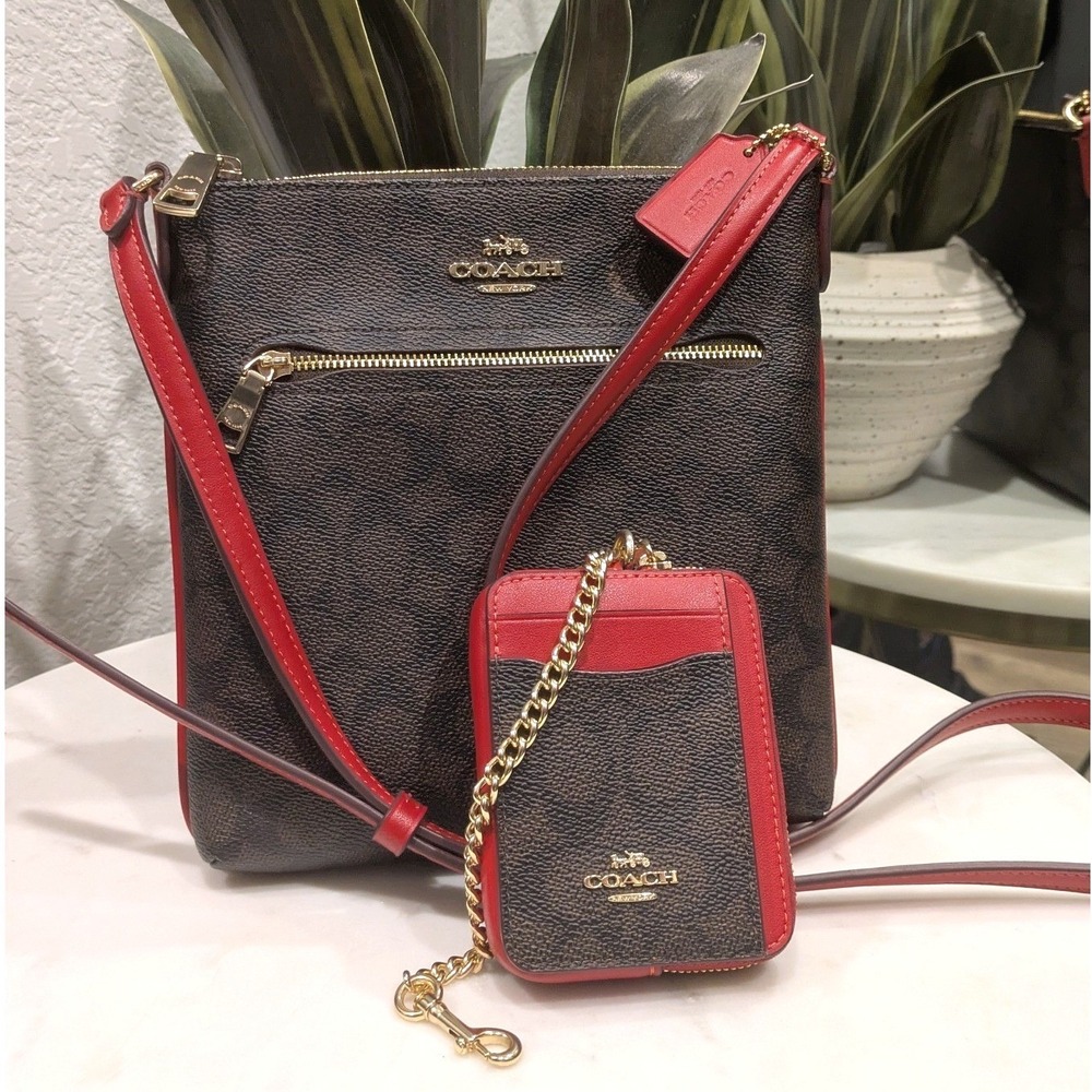 Coach Mini Rowan File Bag and‎ Coach Zip Card Case Walnut w/ Red Trim Authentic